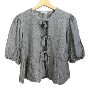 Nati Linen Stripe Puff Sleeve Tie Front Blouse Small Cottagecore Euro Summer